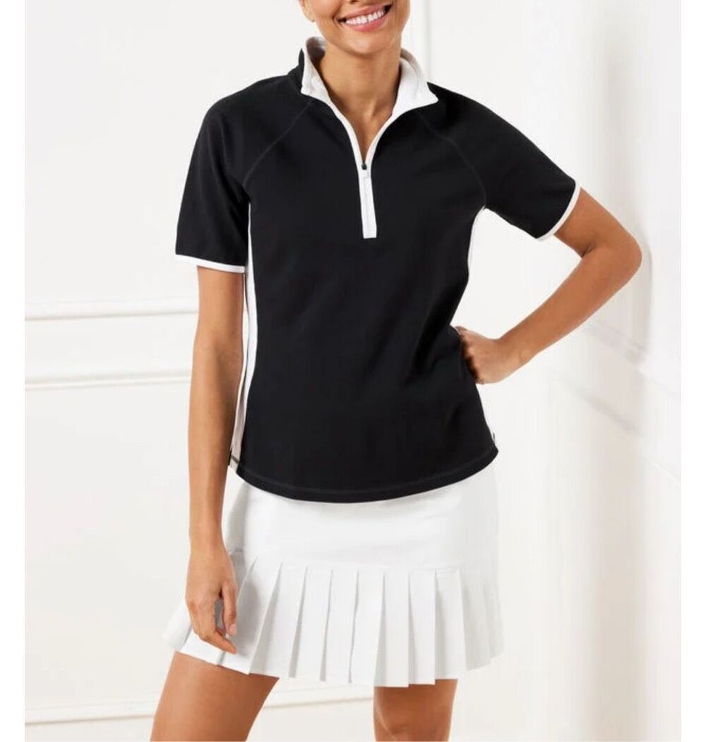 Talbots $79 UPF 50+ Piqué Half Zip Polo Shirt Black Women’s L NWOT